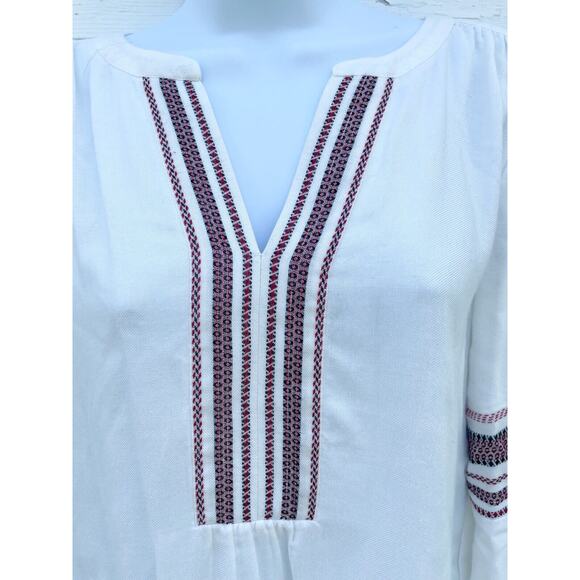 LOFT Blouse Top Womens XS Ivory Peasant V-Neck Boho Embroidery Bloused Sleeves - Picture 2 of 6